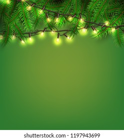 Vector christmas lights, realistic glowing garland with spruce tree twigs on green backdrop. New year, xmas holiday festive poster, banner greeting card background poisonous design