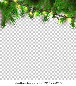 Vector christmas lights, realistic glowing garland with spruce tree twigs on transparent background backdrop. New year, xmas holiday festive poster, banner greeting card backdrop design