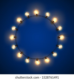 Vector christmas lights, realistic glowing garland. New year, xmas holiday festive decoration, yellow bulbs on string in circle. Illuminated shiny background.