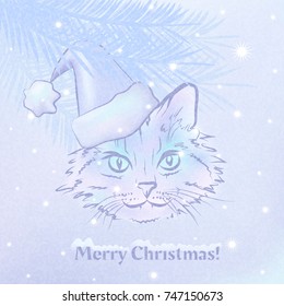 Vector christmas lilac card with cat in santa hat.