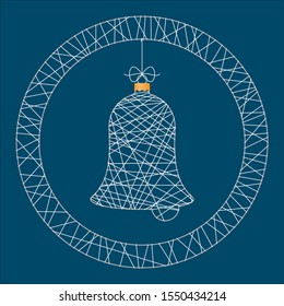Vector Christmas line circle with hanging decorations bell. Blue background. 