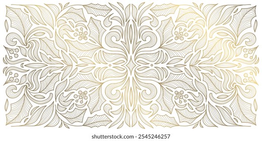 Vector Christmas line gold ornament, line branches winter vintage background, fancy nature elegant pattern with leaves. Holiday decor.