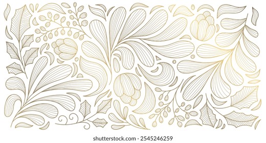 Vector Christmas line gold ornament, line branches winter vintage background, fancy nature elegant pattern with leaves. Holiday decor.