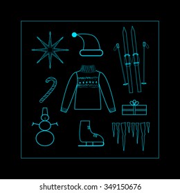 vector christmas line  icon set on black background