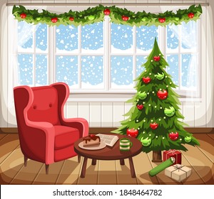 Vector Christmas living room interior with fir-tree, armchair and snowfall outside the window.