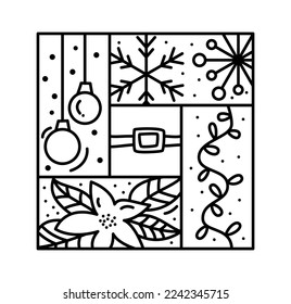 Vector Christmas logo advent composition hat, gift box, toys, garland, fir tree and snowflake. Hand drawn monoline winter constructor in square frame for greeting card.