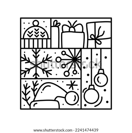 Vector Christmas logo advent composition hat, gift box, toys, garland, fir tree and snowflake. Hand drawn monoline winter constructor in square frame for greeting card.