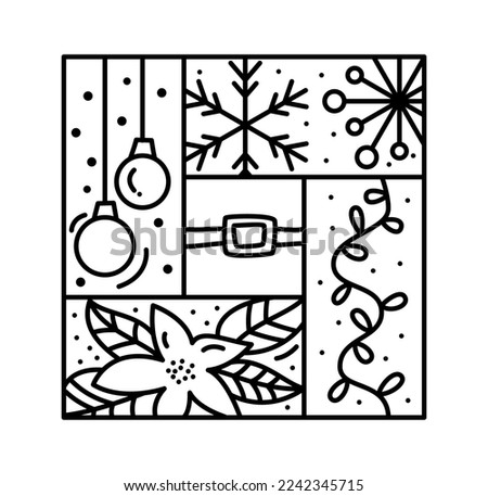 Vector Christmas logo advent composition hat, gift box, toys, garland, fir tree and snowflake. Hand drawn monoline winter constructor in square frame for greeting card.
