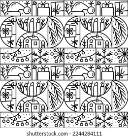 Vector Christmas logo advent seamless pattern. snowflake, candles, sock, garland, sock and star. Hand drawn monoline winter vector constructor for greeting card, invitation.