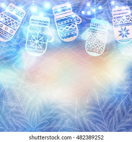Vector christmas magic frozen background with with a silhouette of cute mittens and lights