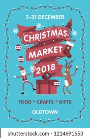 Vector Christmas Market poster template. Xmas fair event advertising banner with Santa Claus, other ornament elements