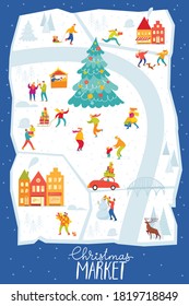 Vector Christmas Market poster for winter holiday season with city map and abstract people doing winter activities.