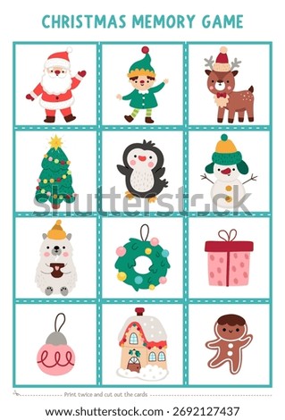 Vector Christmas memory game cards with cute New Year symbols. Winter holiday matching activity. Remember and find correct card. Simple printable worksheet for kids with Santa Claus, elf, tree
