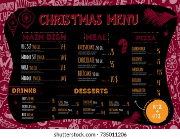 Vector Christmas Menu design with hand drawn doodle lettering. Restaurant template idea with balls