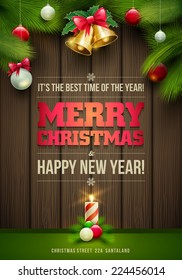 Vector Christmas Messages and objects on dark wooden background. Elements are layered separately in vector file.