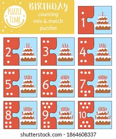Vector Christmas mix and match puzzle with traditional holiday symbols. Winter matching math activity for preschool children. Educational New Year printable counting game for kids
