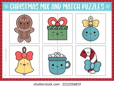 Vector Christmas mix and match puzzle with cute kawaii characters. Matching New Year party activity for preschool kids. Educational winter holiday game with gingerbread, present, colored ball
