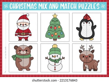 Vektor Weihnachtsmix und Spiel-Puzzle mit süßen kawaii Charaktere. Matching New Year Party Aktivität für Vorschulkinder. Erzieherisches Winterferienspiel mit dem Weihnachtsmann, Baum, Pinguin, Hirsch
