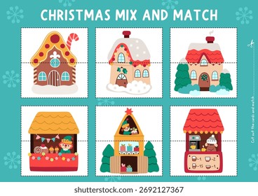 Navidades de Vector mezclar y combinar rompecabezas. Actividad de Año Nuevo para niños en edad preescolar. Juego imprimible de vacaciones de invierno con casa de Santa Claus, feria o puesto de mercado, fábrica de juguetes, casa de jengibre

