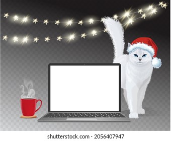 Vector Christmas mock up with realistic laptop, light garland, white cat and coffee cup near a computer. Template with modern mobile laptop and blank copy space