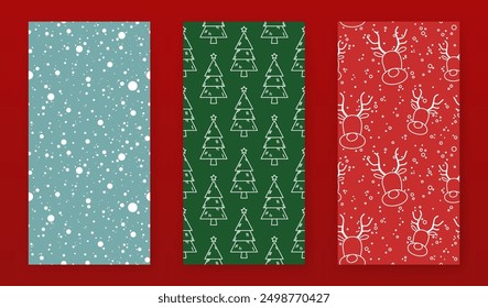 Vector Christmas monochrome seamless patterns set. Hand drawn  New Year print. Snowflakes, many fir trees, deer heads. Winter holiday design. Cartoon line art for packaging layout, card, gift wrapping