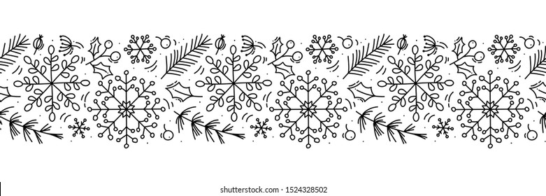 Vector Christmas monoline scandinavian seamless pattern ornament new year fir tree and leaves. Winter doodle xmas background for children holiday textile, wallpaper