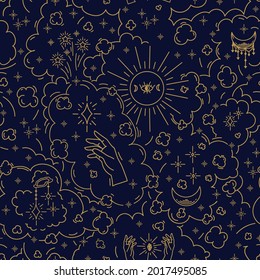 Vector Christmas mystical pattern. Christmas background of celestial bodies in a circle of clouds. Cute night illustration with the moon, sun and stars for textiles for Christmas. Vector illustration
