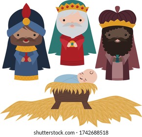 Vector Christmas nativity with three wise men and baby Jesus. Perfect for Christmas scrap booking, kids, stationery, and home decor projects. Coordinates with my nativity patterns.