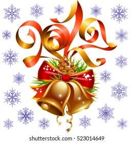 Vector Christmas and New Year 2017 decoration set isolated on white background. Red ribbon, golden bell and snowflakes