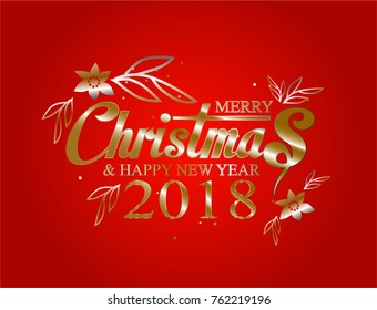	
Vector Christmas and New Year 2018 typographical on red background with Gold glitter texture. Vector illustration for golden shimmer background. Xmas card. Vector Illustration