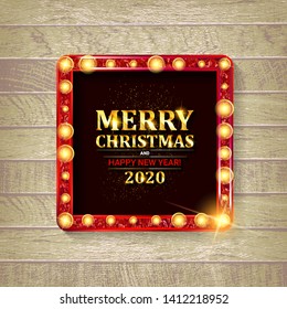 Vector Christmas and new year 2020 wishes on card. Christmas related ornaments objects on color background. Vector illustration