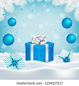 Vector Christmas, New Year background with gift boxes, blue balls, white fir branches and blank space for your text on blue backdrop with falling snowflakes and snow.