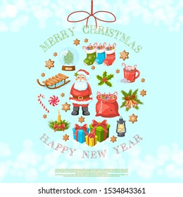 Vector Christmas and New Year background with hand drawn decorations.