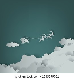 Vector Christmas & New Year background paper cut for greeting card design, calendar illustration.Santa Claus and deer flying above the clouds on New Year's Eve.
