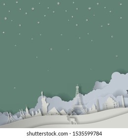 Vector Christmas & New Year background paper cut for greeting card design, calendar illustration.World-famous landmarks  In the snow is falling  At the Christmas time festival