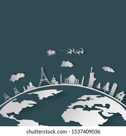 Vector Christmas & New Year background paper cut for greeting card design, calendar.Santa on night sky in city town paper art Winter background. Christmas season paper cut style.