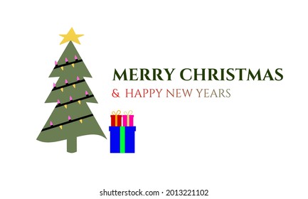 Vektorgrafik-Stil von Weihnachten und Neujahr. Tannenbaum-Geschenkbox. funkelnde Lichter. Sonnige Winterferien. Grußkarten, Banner, Poster
