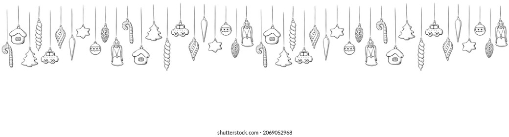 Vector Navidad y fondo de Año Nuevo con juguetes colgantes, bolas, decoraciones para árbol de navidad, en estilo doodle