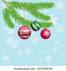 Vector Christmas or New Year background poster with fir-tree branches and hanging chrismas balls on blue with white snowflakes background