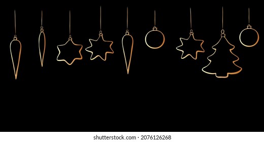 Vector Christmas and New Year background with Hanging outline toys, balls, decorations for xmas tree, in doodle style