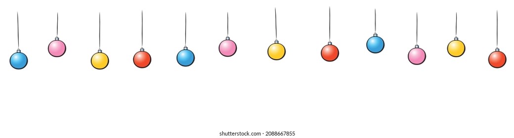 Vector Christmas and New Year background with Hanging simple xmas balls, isolated. Holiday backdrop in doodle flat style