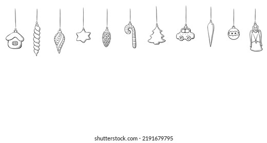Vector Christmas and New Year background with Hanging outline toys, balls, decorations for xmas tree, in doodle style