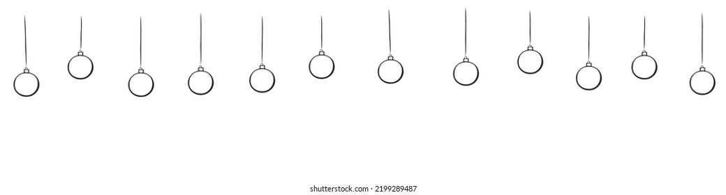 Vector Christmas and New Year background with Hanging simple outline xmas balls, isolated. Holiday backdrop in doodle style. Template for kids creativity