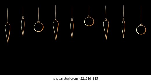 Vector Christmas and New Year background with long hanging gold toys, decorations, balls xmas tree. Holiday backdrop in doodle style.