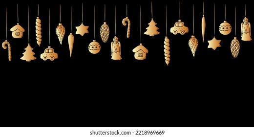 Vector Christmas and New Year background with Hanging gold toys, balls, decorations for xmas tree, in flat style