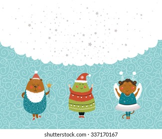 Vector Christmas and New year background with cute bear, monkey and tree. Xmas template for design web banners, posters and more