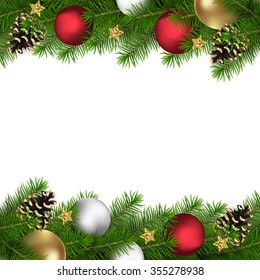 Vector Christmas or New Year background with fir branches, balls and stars.