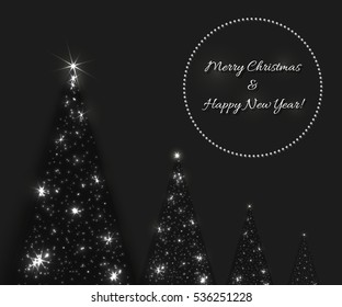 Vector Christmas and New Year background with shining Christmas tree in dark black and grey colors. Fir-tree created from lights and stars.