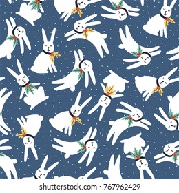 Vector Christmas and New Year background. Seamless pattern with winter rabbits. All elements are hidden under mask. Pattern are not cropped and can be edited.