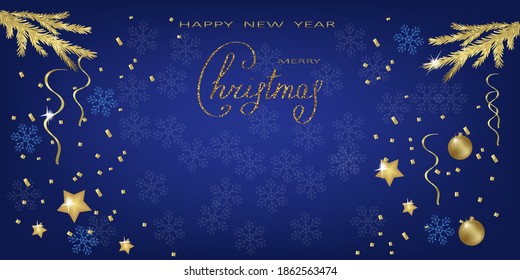 vector of Christmas and New Year banner with golden fir branches,balls,conffetti and snowflakes on blue background.Lettering,empty space for text